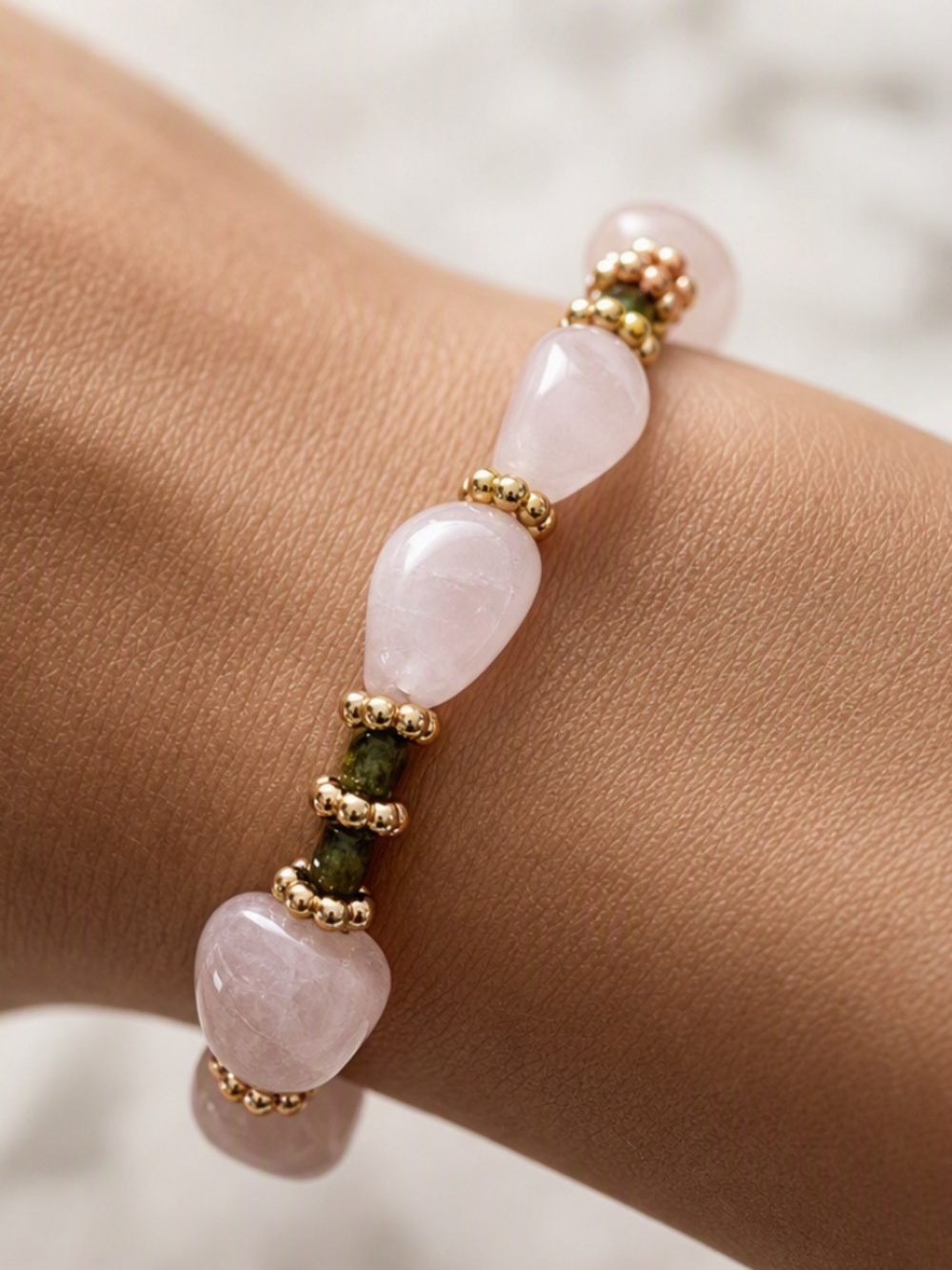 Rose Quartz and Jade Pink Gold and Green Coquette Bracelet Handmade Jewelry